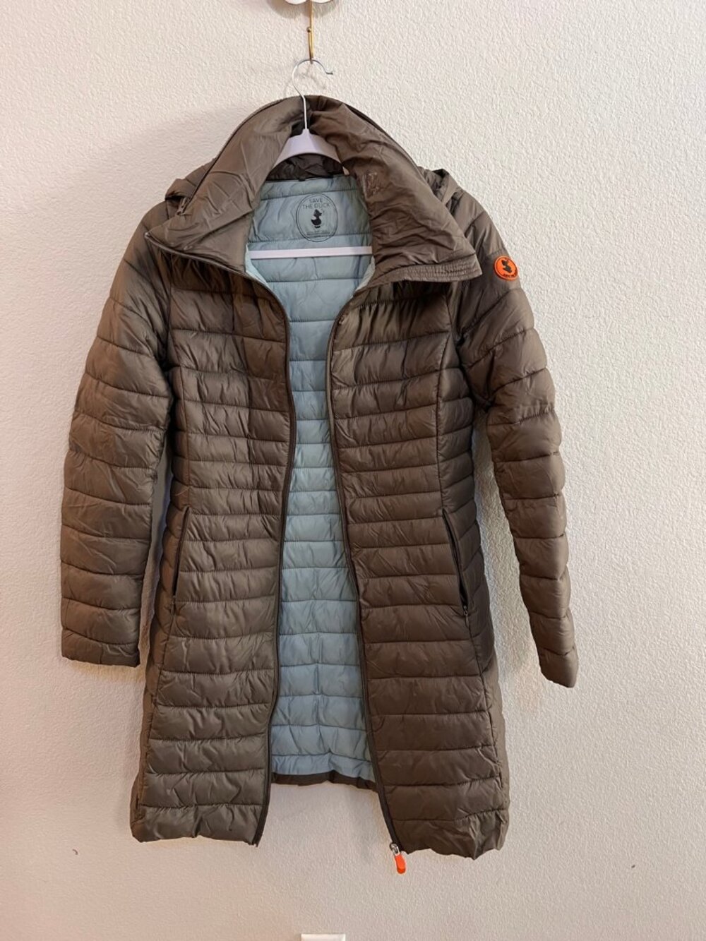 Save The Duck Ultra Light Hooded Puffer Jacket Olive Brown Size 1